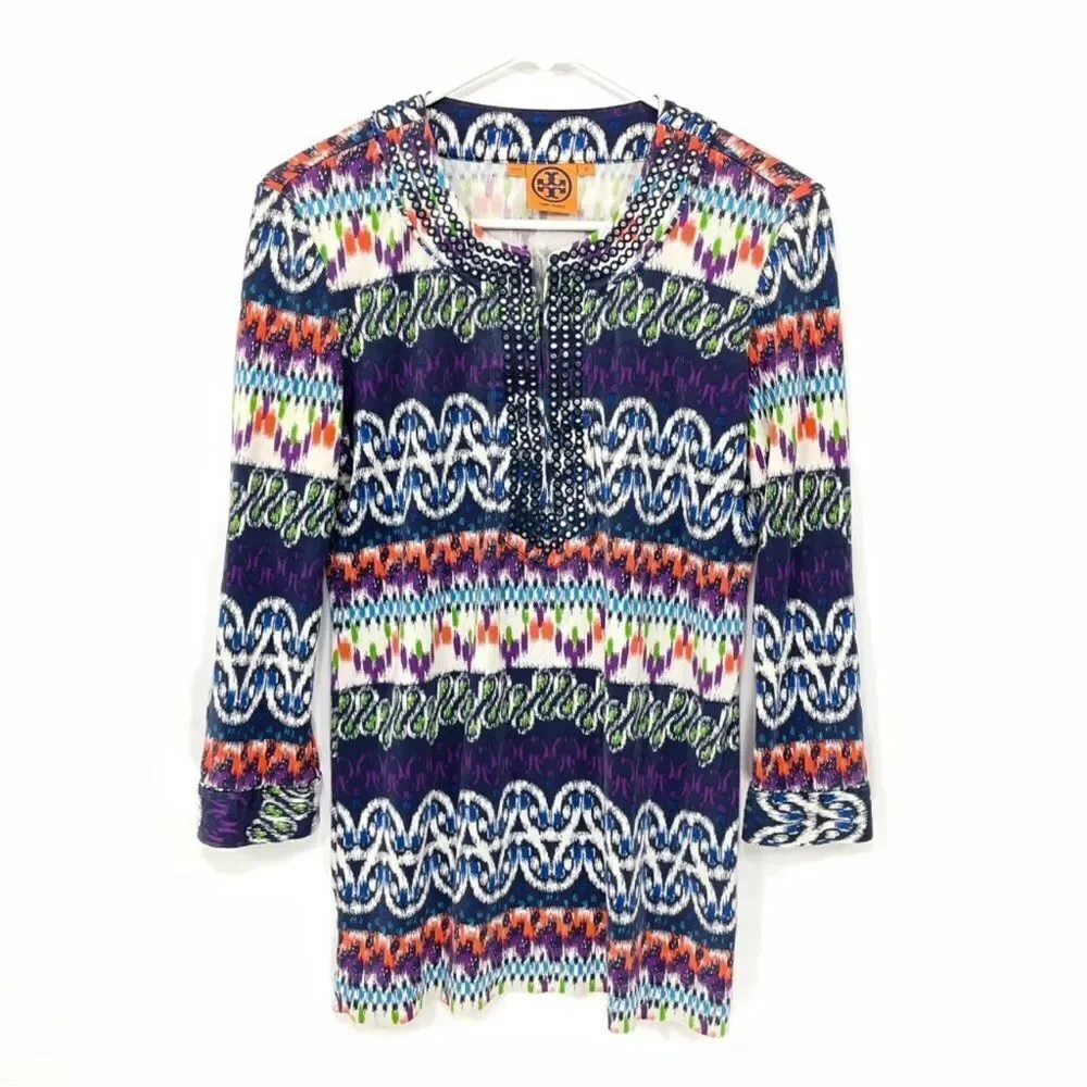 Tory Burch Women’s‎ Multicolor 100% Silk V-Neck Summer Blouse Tunic Top Size : M